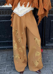 Casual Brown Embroidered Asymmetrical Sequins Wide Leg Pants Fall