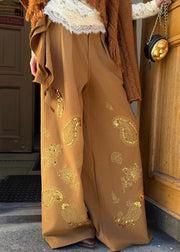 Casual Brown Embroidered Asymmetrical Sequins Wide Leg Pants Fall