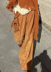 Casual Brown Embroidered Asymmetrical Sequins Wide Leg Pants Fall