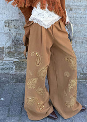 Casual Brown Embroidered Asymmetrical Sequins Wide Leg Pants Fall