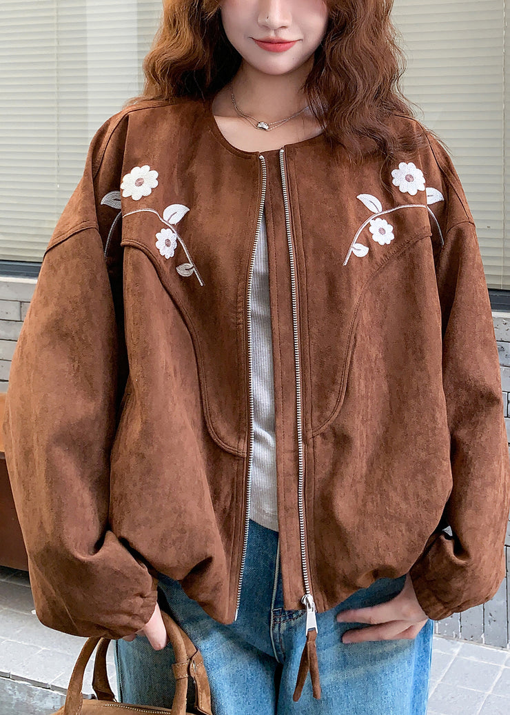 Casual Brown Embroidered Floral Faux Suede Jacket Fall