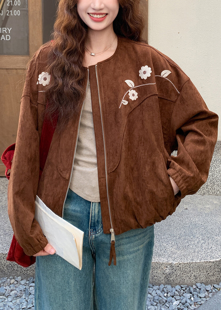 Casual Brown Embroidered Floral Faux Suede Jacket Fall