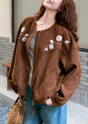 Casual Brown Embroidered Floral Faux Suede Jacket Fall