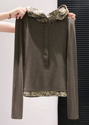 Casual Brown Hooded Patchwork Cotton Fake Two Piece Tops Fall