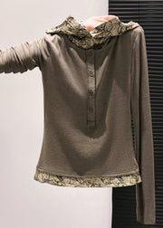 Casual Brown Hooded Patchwork Cotton Fake Two Piece Tops Fall