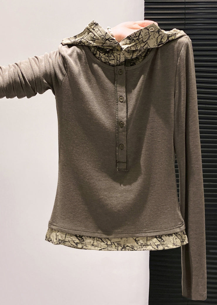 Casual Brown Hooded Patchwork Cotton Fake Two Piece Tops Fall