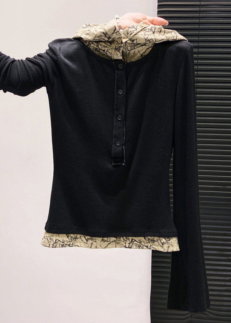 Casual Brown Hooded Patchwork Cotton Fake Two Piece Tops Fall