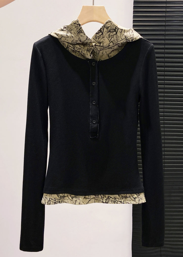 Casual Brown Hooded Patchwork Cotton Fake Two Piece Tops Fall