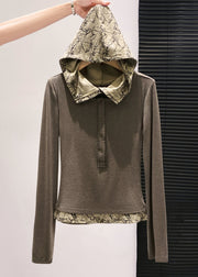 Casual Brown Hooded Patchwork Cotton Fake Two Piece Tops Fall