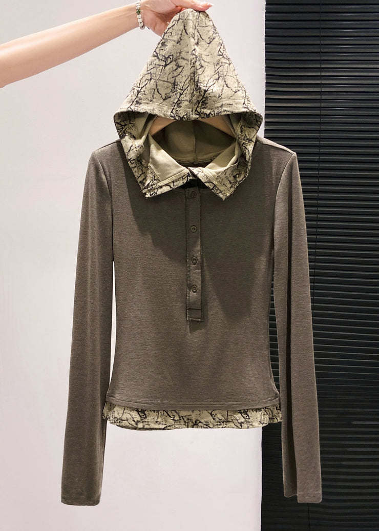 Casual Brown Hooded Patchwork Cotton Fake Two Piece Tops Fall