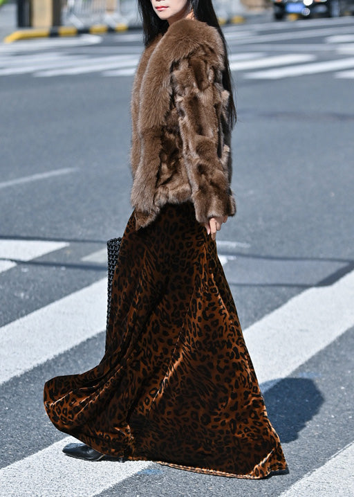 Casual Brown Leopard Print Exra Large Hem Silk Velvet Skirts Spring