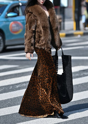 Casual Brown Leopard Print Exra Large Hem Silk Velvet Skirts Spring