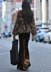 Casual Brown Leopard Print Exra Large Hem Silk Velvet Skirts Spring