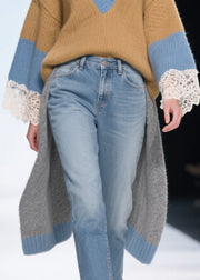 Casual Brown Low High Design Patchwork Long Sweaters Winter
