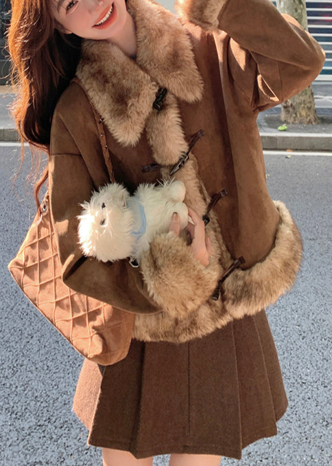 Casual Brown Oversized Patchwork Faux Suede Coat Winter