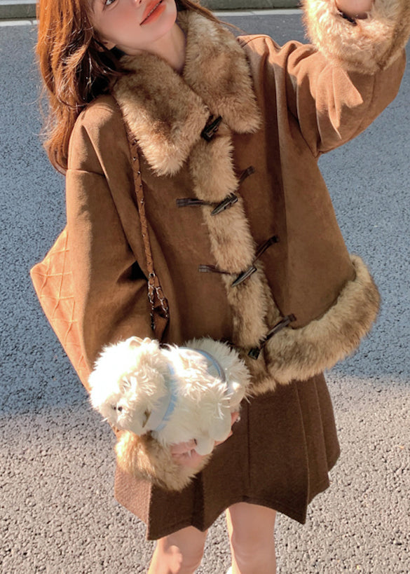 Casual Brown Oversized Patchwork Faux Suede Coat Winter