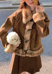 Casual Brown Oversized Patchwork Faux Suede Coat Winter