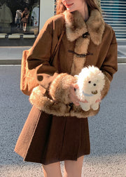 Casual Brown Oversized Patchwork Faux Suede Coat Winter