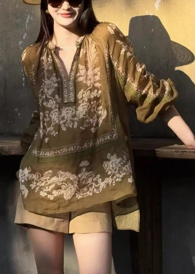 Casual Brown Oversized Print Linen Shirt Top Fall