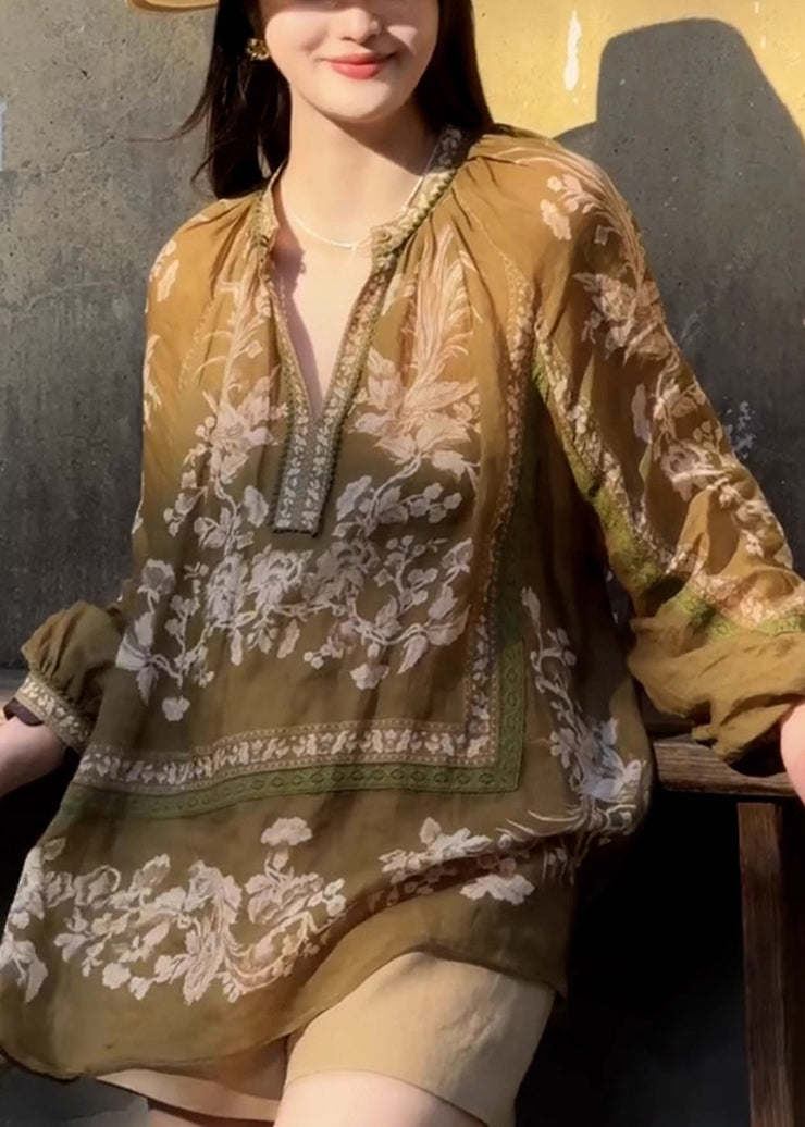 Casual Brown Oversized Print Linen Shirt Top Fall