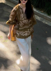 Casual Brown Oversized Print Linen Shirt Top Fall