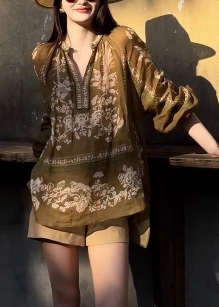 Casual Brown Oversized Print Linen Shirt Top Fall
