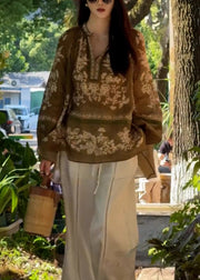 Casual Brown Oversized Print Linen Shirt Top Fall