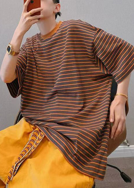 Casual Brown Oversized Striped Cotton Men Shirt And T Shirt Summer