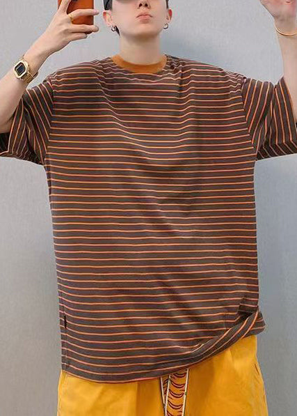 Casual Brown Oversized Striped Cotton Men Shirt And T Shirt Summer