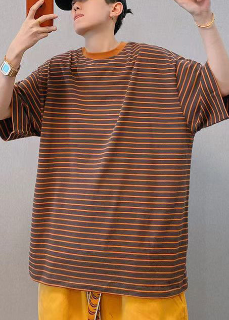 Casual Brown Oversized Striped Cotton Men Shirt And T Shirt Summer