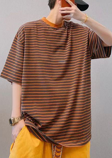 Casual Brown Oversized Striped Cotton Men Shirt And T Shirt Summer