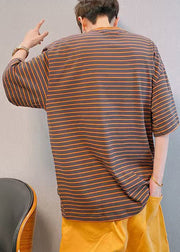 Casual Brown Oversized Striped Cotton Men Shirt And T Shirt Summer