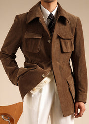 Casual Brown Peter Pan Collar Cinched Pockets Chenille Men Coat Winter