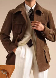 Casual Brown Peter Pan Collar Cinched Pockets Chenille Men Coat Winter