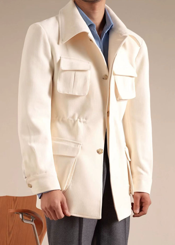 Casual Brown Peter Pan Collar Cinched Pockets Chenille Men Coat Winter