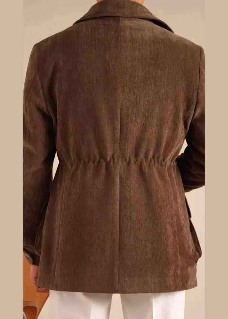 Casual Brown Peter Pan Collar Cinched Pockets Chenille Men Coat Winter
