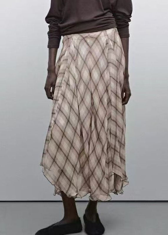 Casual Brown Plaid High Waist Maxi Skirts Fall