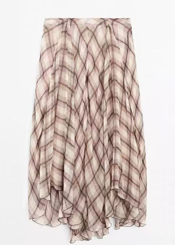 Casual Brown Plaid High Waist Maxi Skirts Fall