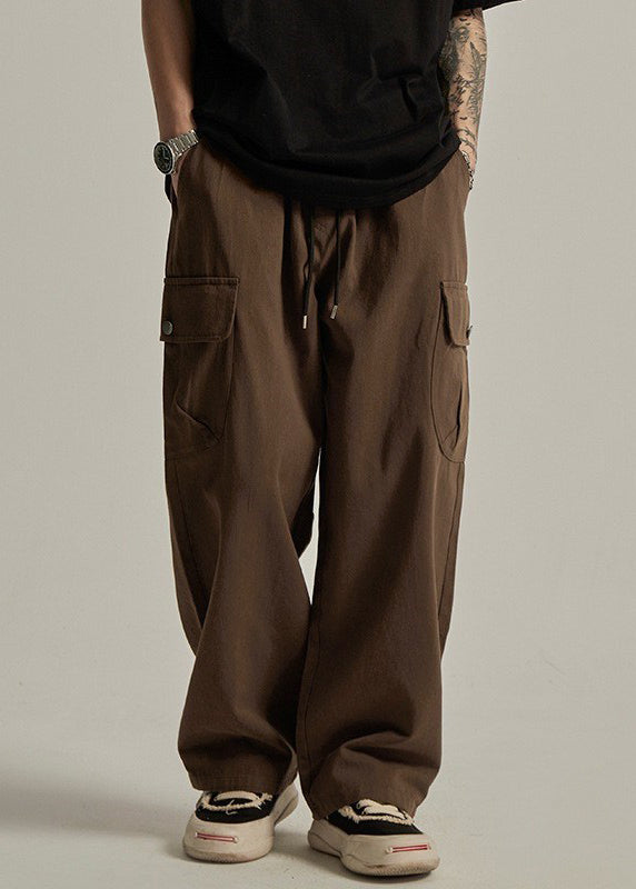 Casual Brown Pockets Elastic Waist Cotton Pants Men Summer