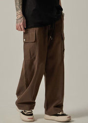 Casual Brown Pockets Elastic Waist Cotton Pants Men Summer