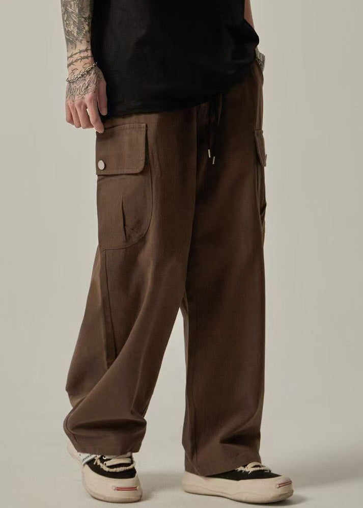 Casual Brown Pockets Elastic Waist Cotton Pants Men Summer
