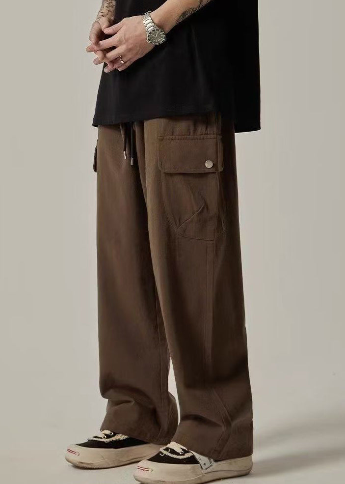 Casual Brown Pockets Elastic Waist Cotton Pants Men Summer