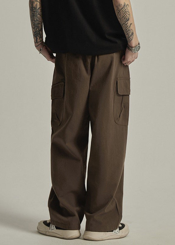 Casual Brown Pockets Elastic Waist Cotton Pants Men Summer