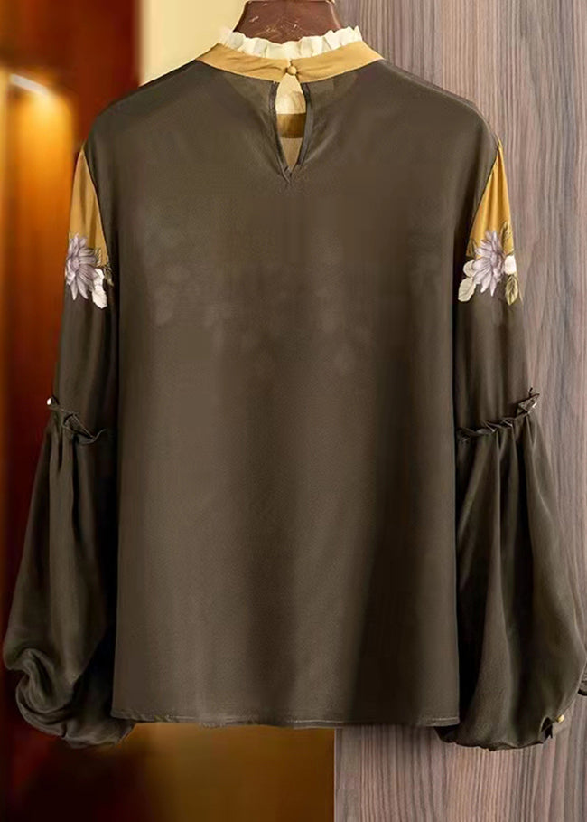 Casual Brown Stand Collar Ruffled Pearl Patchwork print Blouses top Puff Sleeve