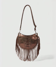 Casual Brown Tasseled Rivet Faux Leather Messenger Bag