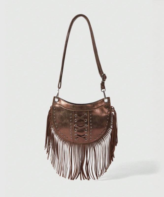 Casual Brown Tasseled Rivet Faux Leather Messenger Bag
