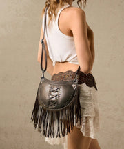 Casual Brown Tasseled Rivet Faux Leather Messenger Bag