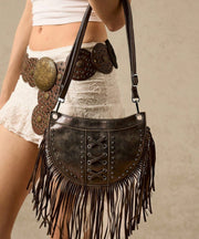 Casual Brown Tasseled Rivet Faux Leather Messenger Bag