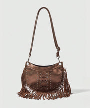 Casual Brown Tasseled Rivet Faux Leather Messenger Bag