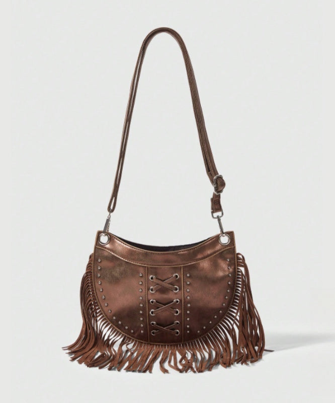 Casual Brown Tasseled Rivet Faux Leather Messenger Bag